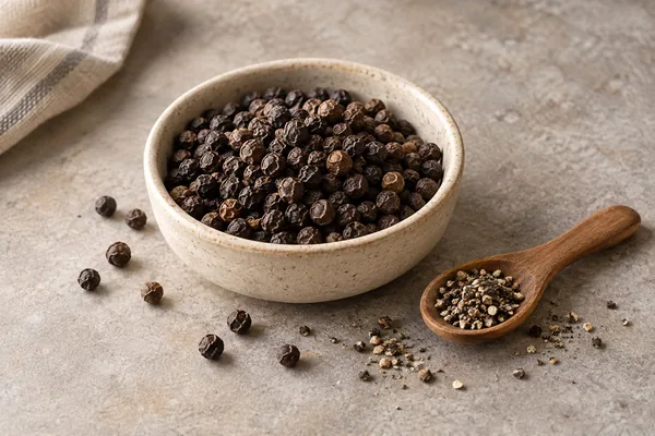 Schwarze Pfefferkörner in einer Schale mit grob gemahlenem Pfeffer im Löffel