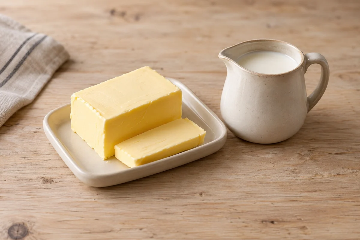 Butter auf einer kleinen Schale neben einem Krüglein mit Rahm