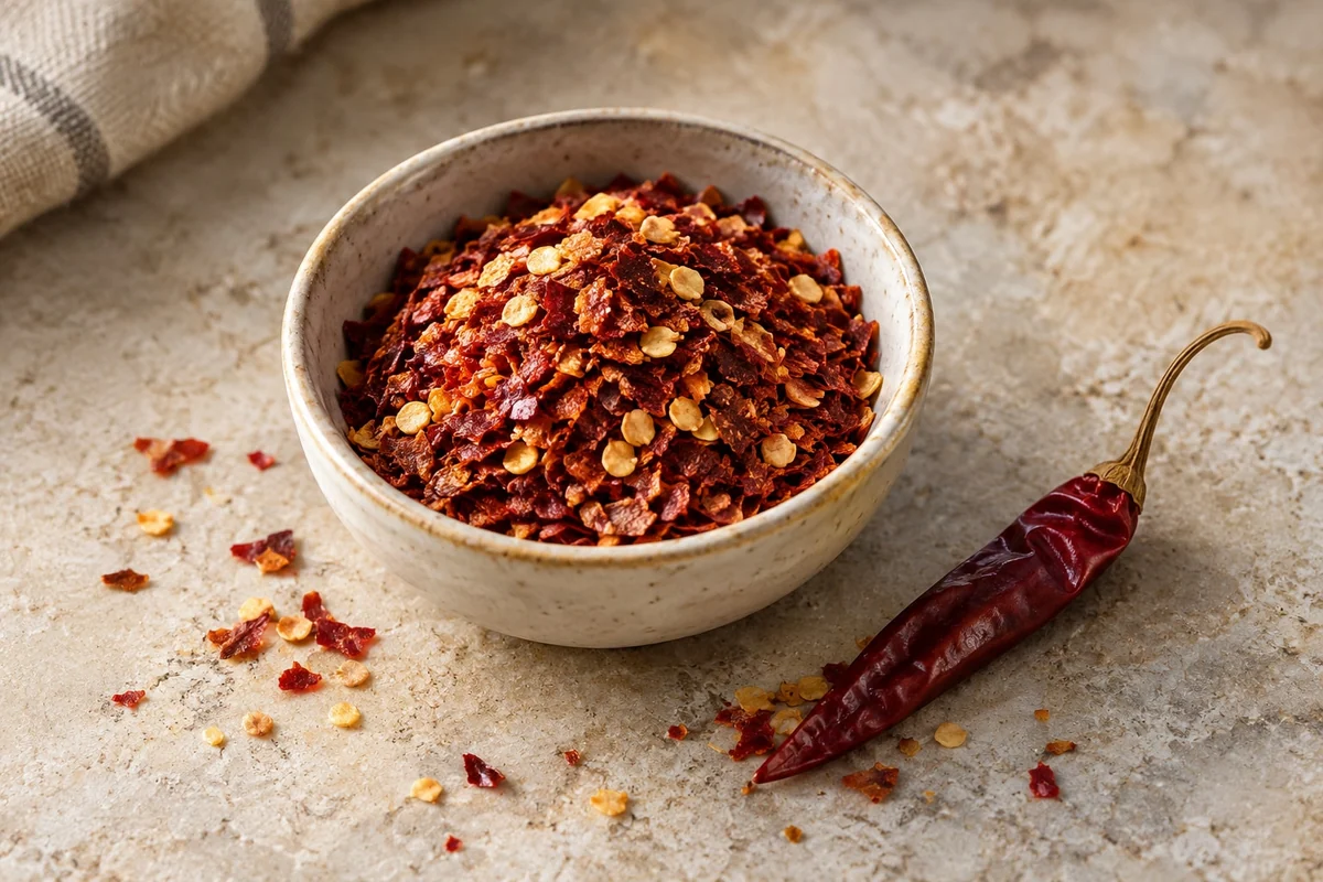 Rote Chiliflocken in einer Schale neben einer getrockneten Chilischote