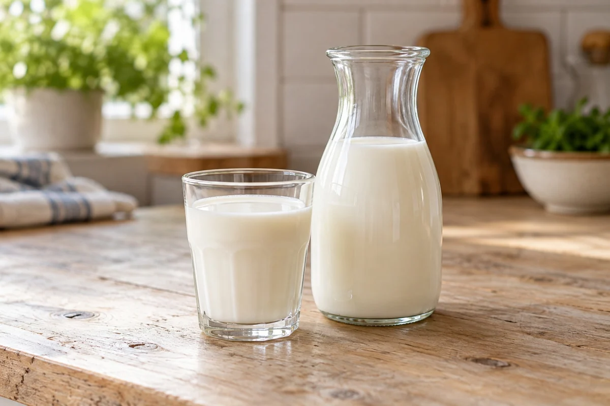 Milch in einem Glas mit kleiner Karaffe