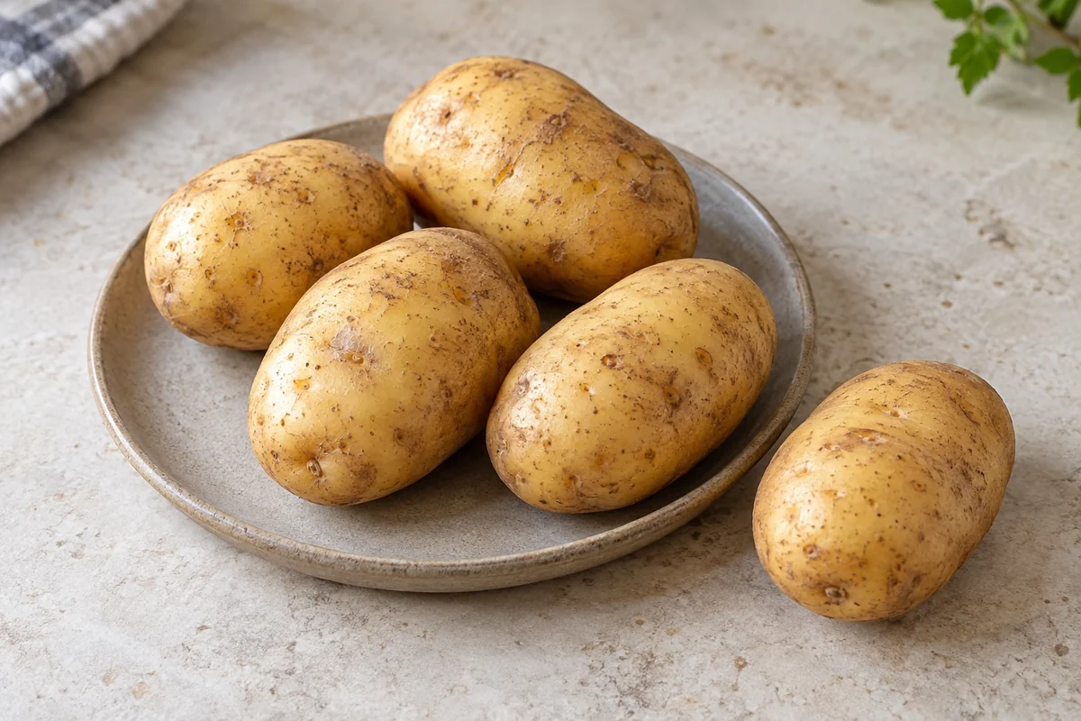 Ungeschälte Kartoffeln auf einer schlichten Keramikplatte