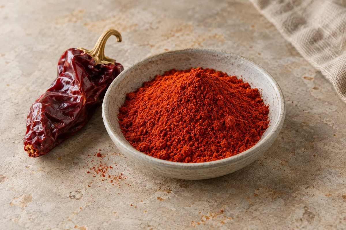 Geräuchertes Paprikapulver in einer Keramikschale neben einer getrockneten Paprika