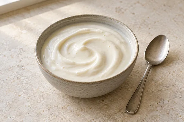 Ungesüsster Sojajoghurt in einer Keramikschale