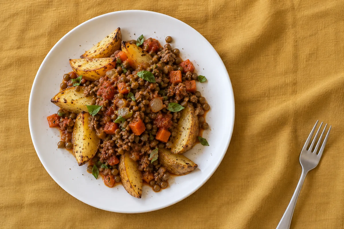 Rind-Linsen-Ragout auf Ofenkartoffeln