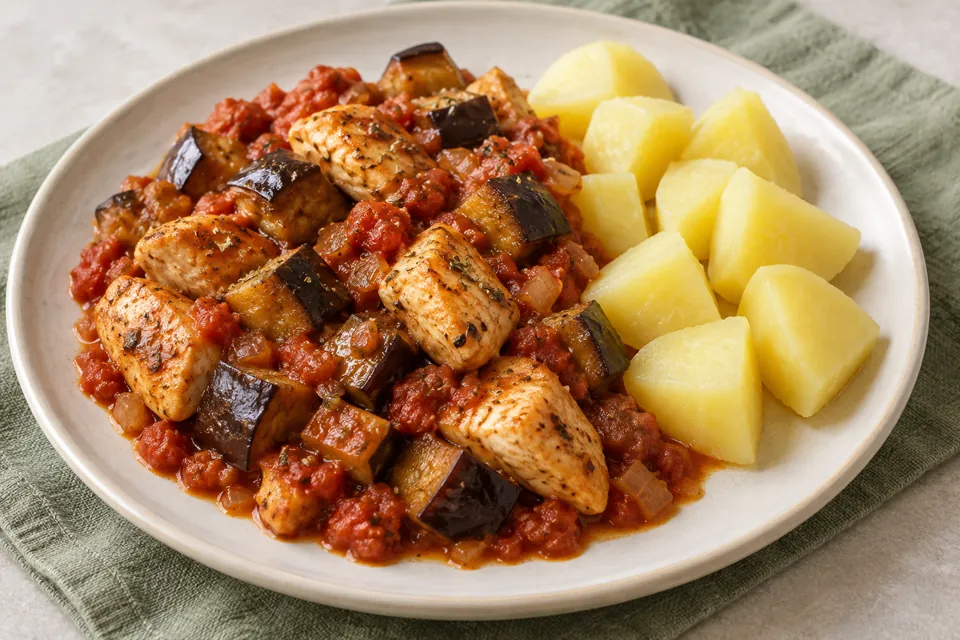 Mediterrane Poulet-Auberginen-Pfanne
