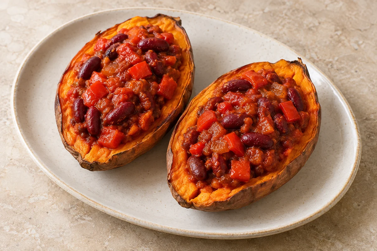 Ofen-Süsskartoffeln mit Chili-Bohnen
