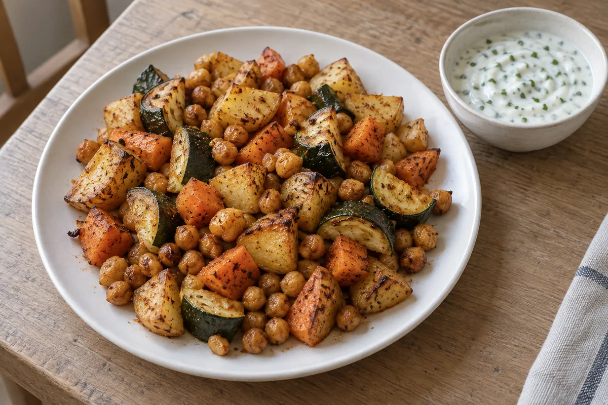 Ofengemüse mit Kichererbsen und Joghurtdip
