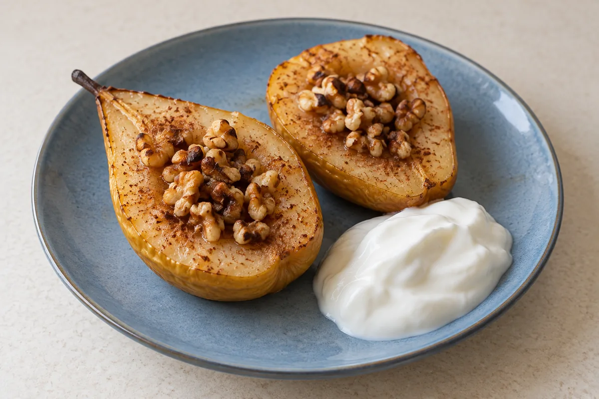 Ofenbirne mit Joghurt und Walnüssen