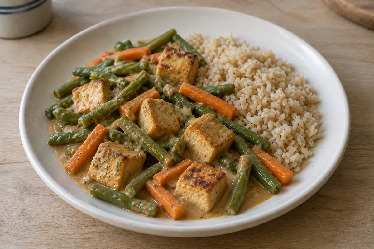 Tofu-Erdnuss-Pfanne mit grünen Bohnen und Naturreis