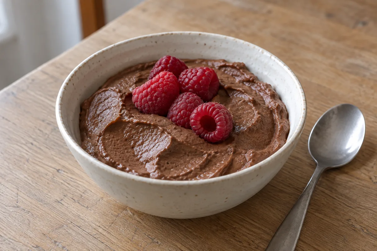 Kakao-Seidentofu-Creme mit Himbeeren