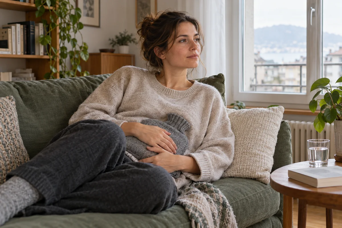 Eine Frau ruht mit einer bezogenen Wärmflasche auf dem Sofa am Fenster.